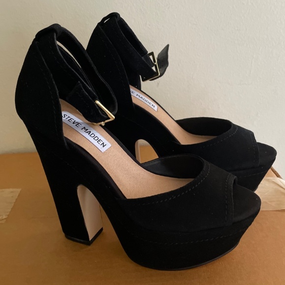 Steve Madden 5.5 Black Suede Leather GRETTTA Ankle-wrap Platform Sandals - Picture 5 of 10
